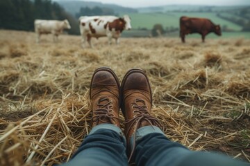 Feet in boots on a farm among hay and cows - obrazy, fototapety, plakaty