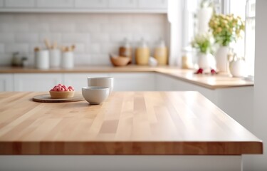 Fototapeta na wymiar Wooden kitchen tabletop closeup mockup