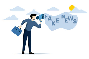 concept of fake news or misleading information that people share on social media and the internet, businessman holding a megaphone speaking or conveying fake news. flat vector illustration.