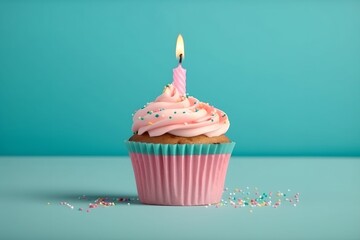 Cupcake with lit candle to celebrate Birthday