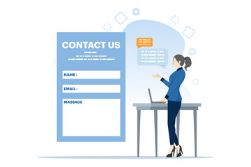 Contact Us concept for Web and Landing Pages. Female Customer Service Agent with Headset Talking to Client. Online Customer Support and Helpdesk Concept. Flat Cartoon Vector Illustration.