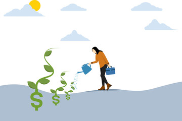 Dividend investment, prosperity and economic growth or savings and business profit concept, happy businesswoman investor holding watering can to water the sprout seeds she planted from dollar sign.