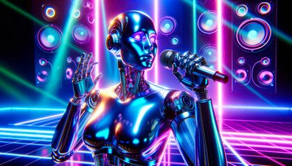 Amidst a laser-lit stage, the chrome glint of a futuristic robot captures the vibrant energy of an electronic concert, its microphone echoing the rhythm of a new era in music and technology.
