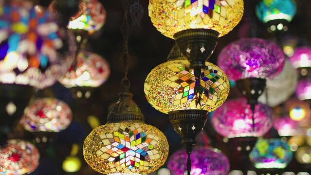 Traditional Turkish or Moroccan light mosaic lamp. Lamp in the store, a gift from Turkey.