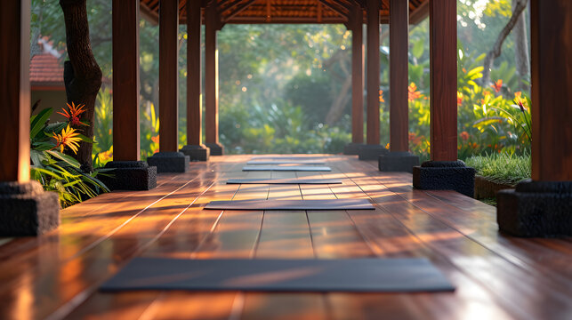 A lush yoga retreat, with vibrant greenery as the background, during a rejuvenating session