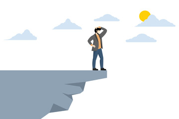 Investment risk or financial fallout due to economic recession, fear of losing money or paying back debt, businessman standing on the edge of a cliff in the sky looking down because of fear of heights - obrazy, fototapety, plakaty