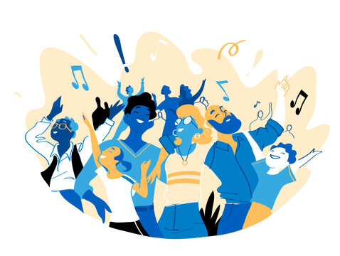 Group of people of different ages is happy to be together celebrating a special event. Happy family enjoy concert, music festival, party, show, performance, recital. Vector illustration