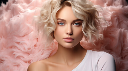 A captivating portrait of a blonde woman with her gaze averted, framed by a flurry of delicate pink feathers.