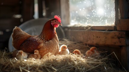 Mother hen with her chicks in a rustic barn setting, basking in warm sunlight. a moment of farm life captured. tranquil and natural. AI