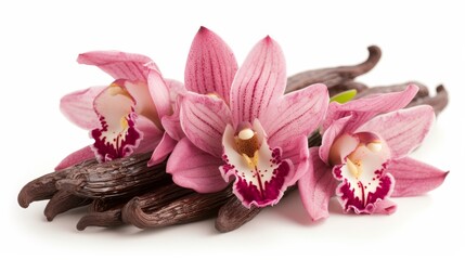 Naklejka premium Captivating vanilla pods and a solitary, elegant orchid flower isolated on a clean white background