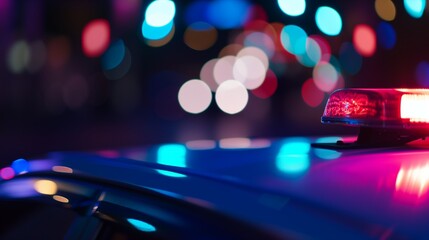 AI generated illustration of a police car lights glowing against the blurry, night city backdrop - obrazy, fototapety, plakaty