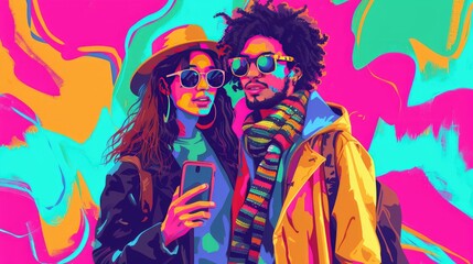 Colorful illustration of a couple of young people, students using phones