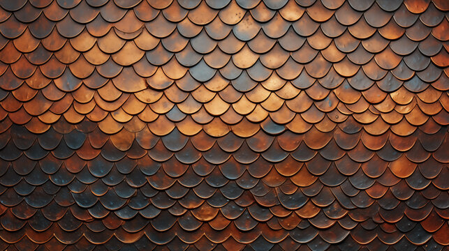 Copper grunge dragon scales metal pattern. Enchanting mesmerizing fashion textile scaly metallic texture abstract background design. Fantasy aquatic theme backdrop textured wallpaper