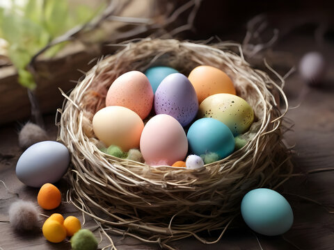 Colorful Easter eggs in nest.