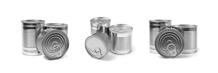 Different Tin Cans Isolated, Preserve Template Mockup, Metal Milk Package Group, Aluminum Containers