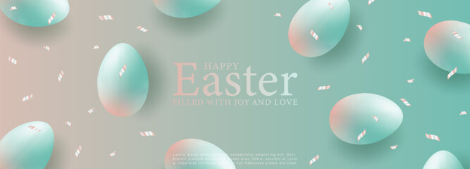 Turquoise Easter card with Easter eggs and confetti. Happy easter. Easter design, wallpaper, poster, banner