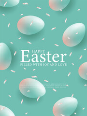 Turquoise Easter card with Easter eggs and confetti. Happy easter. Easter design, wallpaper, poster, banner