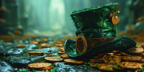 Golden coins shimmer beneath a green leprechaun hat, capturing the enchantment of Irish folklore - obrazy, fototapety, plakaty