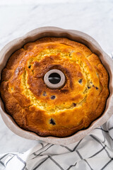Lemon blueberry bundt cake with powdered sugar dusting