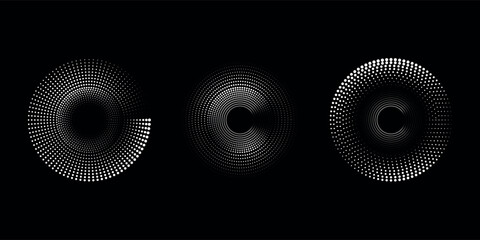 Set of halftone circular dotted frames. Circle dots texture isolated on black background. Spotted spray texture. Circle spiral point sound wave vector logo concept
