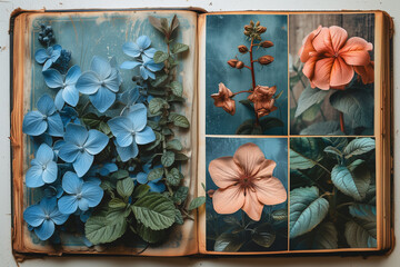 collage of flowers and leaves in a book for herbarium