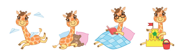 Cute Little Giraffe with Long Neck in Different Activity Vector Set