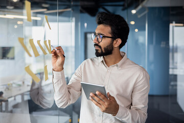Indian young man businessman, manager working in office. Stands near a glass board, makes notes on...