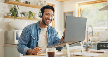 Remote work from home, talking and man with a laptop, video call or social media with online...