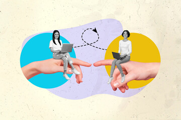 Photo collage artwork minimal picture of smiling workers communicating apple samsung devices isolated creative background