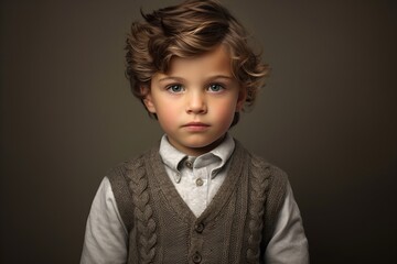 Cute little boy with curly hairstyle and brown sweater. Studio shot.