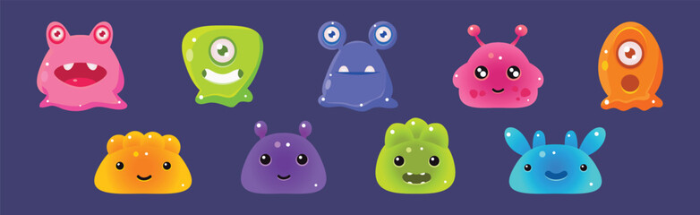 Cute Little Glitter Slime Character and Jelly Comic Alien Vector Set - obrazy, fototapety, plakaty