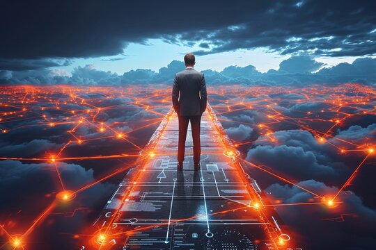 A businessman stands tall on a platform, overlooking a futuristic network, illustrating the integration of business acumen with the ever-evolving landscape of technology.