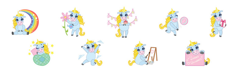 Cute Unicorn Character with Golden Mane and Twisted Horn Vector Set