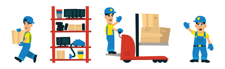 Fototapeta premium Warehouse and Logistic Service with Man Carrier and Cardboard Box Vector Set