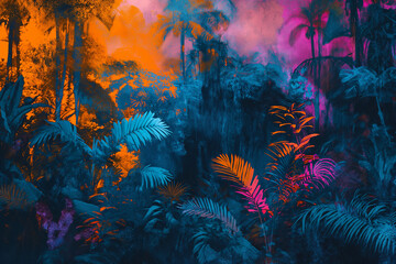 Obraz na płótnie Canvas Tropical colorful forest, mixed artists, Generative AI
