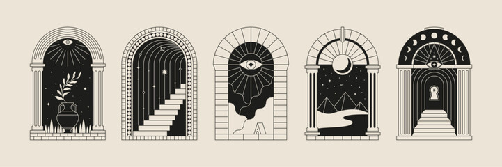 Boho frame arch vector illustration modern minimalistic retro aesthetic linear arc portal logo bohemian design element mystical geometric abstract border