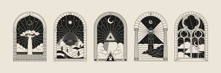 Boho frame arch vector illustration modern minimalistic retro aesthetic linear arc portal logo bohemian design element mystical geometric abstract border