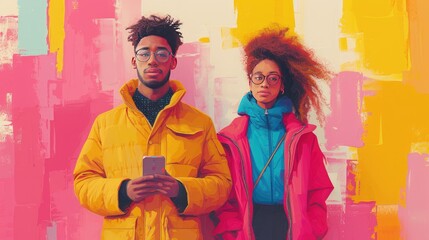 Colorful illustration of a couple of young people, students using phones