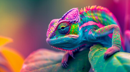 Colored chameleon. Painted animals with colored in their hair and black background. art paints Multi colored colorful on skin body and scales paint. Cute animals concept - obrazy, fototapety, plakaty