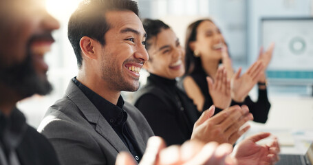 Business people, applause and meeting success with support or thank you for achievement, praise or...