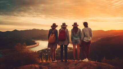 Friends standing in vacation with natural colors , standing, vacation, natural colors
