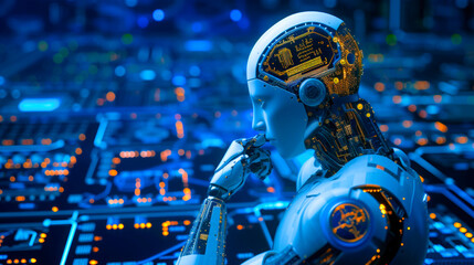 Fototapeta premium In a neon-lit nexus of advanced technology, an intelligent robot adorned with intricate circuits contemplates the vast realm of cybernetics, embodying the fusion of artificial intelligence and digital