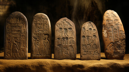 Ancient hieroglyphs and symbols on stone tablets - obrazy, fototapety, plakaty