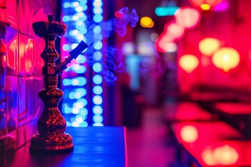 Hookah on the bar counter in the night club with neon lights