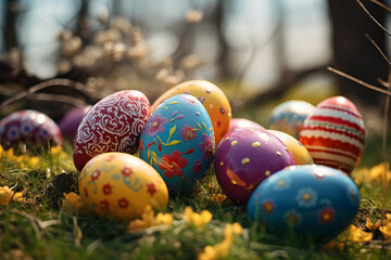Beautiful easter eggs in backyard. Colorful egg for decoration.