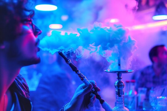 Young man smoking hookah in a nightclub, close-up.