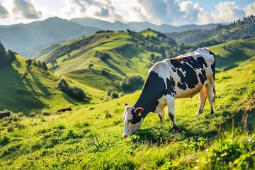 Cows graze on a slope in a mountainous area on a sunny day - obrazy, fototapety, plakaty