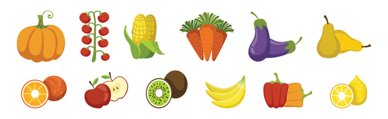 Ripe Fruit and Vegetables as Farm Growing Crop Vector Set