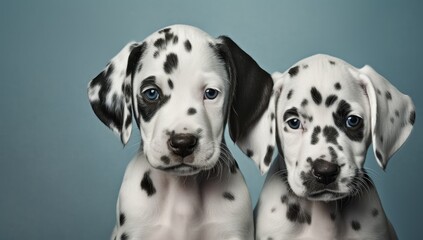 Studio shot of two adorable Dalmatian puppies on blue background.