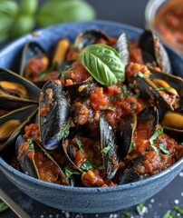 Fresh and delicious mussels cooked with tomato, parsley.